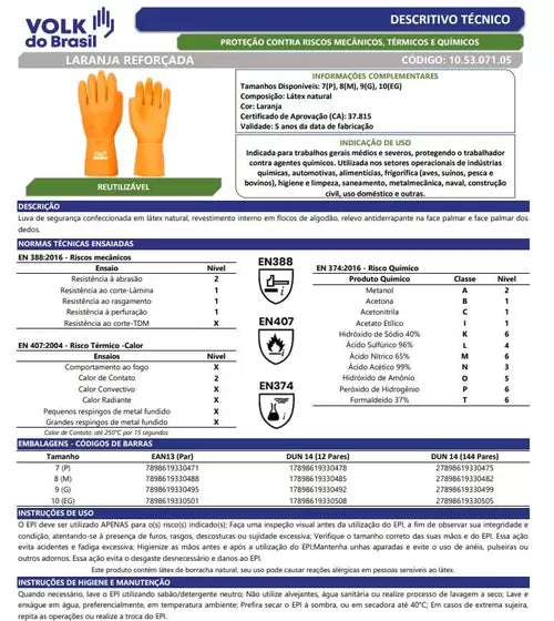 Luva Látex Laranja Reforçada - VOLK CA 37815