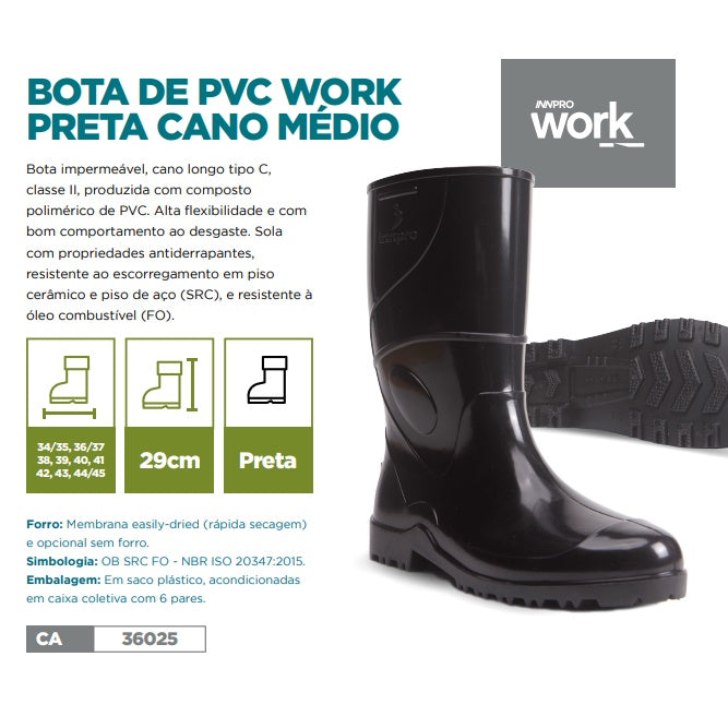 Bota PVC Cano Médio 29Cm Preto com Forro INNPRO Work - CA 36025