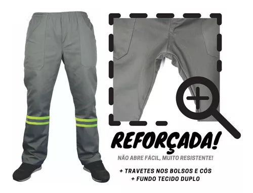 Calça de Brim Com Refletivo Pesado 100% Algodão 4 Bolsos e Proteção no Gavião